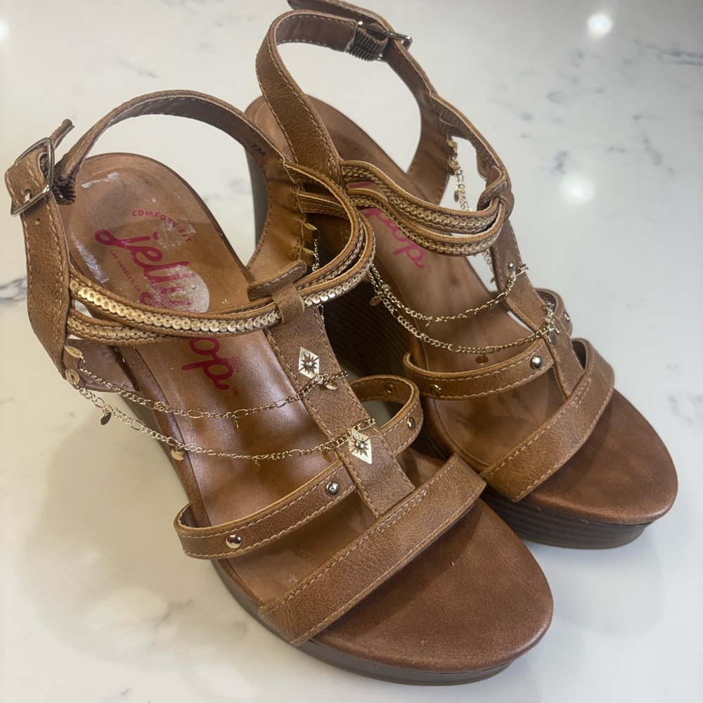 Jellypop Tan Wedge Sandals with Gold Accents
